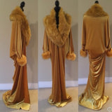 Gold Velvet robe,faux fur trim,old Hollywood,1920s cocoon style,handmade in USA,gold velvet,Burlesque,Gift,Bridal,evening wear