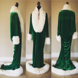 Emerald Green Velvet Christmas Robe-1920’s-Old Hollywood robe-Downton-Gatsby-Christmas gift -full length velvet robe with faux fur trim