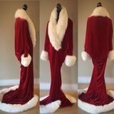 Red Velvet 1920’s-Old Hollywood style-rich red velvet-Full length robe with extended train-faux fur collar, cuffs and hem.