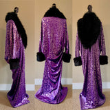 1920s style-Old Hollywood glam-purple embossed-Velvet robe-faux fur trim-Downton-Gatsby-Burlesque-Gift-Mothers day