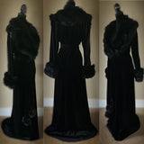 Darkest Black Velvet-Handmade Glamour robe-Old Hollywood glamour-velvet robe-faux fur collar