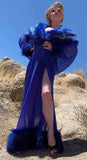 Royal Blue 1920’s style robe-Sheer cocoon robe-faux fur collar,cuffs and hem trim-old Hollywood-glamour