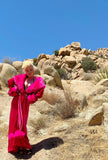 Vibrant Fuchsia velvet-Glamour Robe-Old Hollywood glamour-velvet robe-faux fur collar and cuffs and pompom