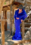 Royal Blue 1920’s style robe-Sheer cocoon robe-faux fur collar,cuffs and hem trim-old Hollywood-glamour