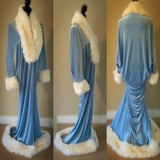 Handmade Baby Blue Velvet Robe: Old Hollywood Glamour Faux Fur Trim
