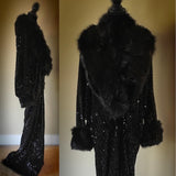 Luxury Black Sequin Velvet-Handmade cocoon robe with glossy black faux fur collar and cuffs,1920s retro style Glamour-Wedding-Burlesque