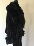 Luxury Black Sequin Velvet-Handmade cocoon robe with glossy black faux fur collar and cuffs,1920s retro style Glamour-Wedding-Burlesque