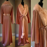 Kimono style velvet robe-old Hollywood glamour robe- blush velvet-faux fur collar-wide flutter sleeves