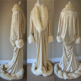 Embossed Velvet Robe & Turban Set: 1920s Old Hollywood Style, Faux Fur Trim