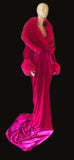 Glamorous 1920’s-Old Hollywood style- Fuschia velvet robe . Handmade Full length robe with faux fur trim-Wedding-burlesque-gift for her.
