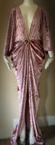 Crushed Velvet Gown-Art Deco-Old Hollywood-Angel wing sleeves-rhinestone detail sash belt