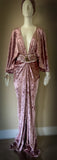 Crushed Velvet Gown-Art Deco-Old Hollywood-Angel wing sleeves-rhinestone detail sash belt