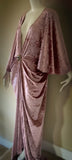Crushed Velvet Gown-Art Deco-Old Hollywood-Angel wing sleeves-rhinestone detail sash belt