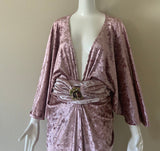 Crushed Velvet Gown-Art Deco-Old Hollywood-Angel wing sleeves-rhinestone detail sash belt