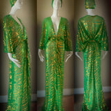 Stunning,sheer emerald green mesh-Sequin  Gown-Art Deco-Angel wing sleeve-dramatic sequin evening gown-red carpet gown