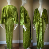 Moss green/chartreuse Crushed Velvet Gown-Art Deco-Old Hollywood-Angel wing sleeves-sash belt-evening gown