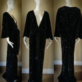 Midnight black Sequin Velvet Gown-Art Deco-Old Hollywood-Angel wing sleeve- sash belt-evening gown-dramatic gown-red carpet