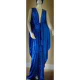 Gorgeous Grecian Goddess velvet Evening Gown-royal blue crushed velvet-crystal rhinestone and matching turban.