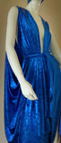 Gorgeous Grecian Goddess velvet Evening Gown-royal blue crushed velvet-crystal rhinestone and matching turban.