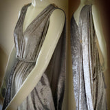 Silver Velvet Grecian Gown with Rhinestone Appliqués & Turban