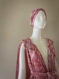 Grecian Goddess VELVET Gown,pink,rhinestone appliqué,matching turban,gift,handmade,evening gown,wedding gown