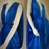 Gorgeous Grecian Goddess velvet Evening Gown-royal blue crushed velvet-crystal rhinestone and matching turban.