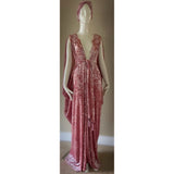 Grecian Goddess VELVET Gown,pink,rhinestone appliqué,matching turban,gift,handmade,evening gown,wedding gown