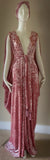 Grecian Goddess VELVET Gown,pink,rhinestone appliqué,matching turban,gift,handmade,evening gown,wedding gown