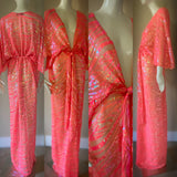 Stunning,sheer vibrant coral sequin mesh- Gown-Art Deco-Angel wing sleeve-dramatic sequin evening gown-red carpet gown