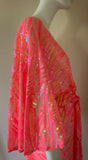 Stunning,sheer vibrant coral sequin mesh- Gown-Art Deco-Angel wing sleeve-dramatic sequin evening gown-red carpet gown