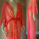 Stunning,sheer vibrant coral sequin mesh- Gown-Art Deco-Angel wing sleeve-dramatic sequin evening gown-red carpet gown