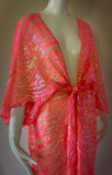 Stunning,sheer vibrant coral sequin mesh- Gown-Art Deco-Angel wing sleeve-dramatic sequin evening gown-red carpet gown