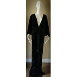 Midnight black Sequin Velvet Gown-Art Deco-Old Hollywood-Angel wing sleeve- sash belt-evening gown-dramatic gown-red carpet