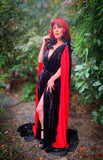 Black crushed Velvet Grecian Gown-red chiffon accents.Retro Halloween inspired-Bride of Dracula-Draped Grecian gown.
