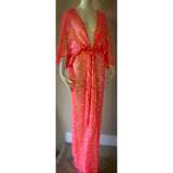 Stunning,sheer vibrant coral sequin mesh- Gown-Art Deco-Angel wing sleeve-dramatic sequin evening gown-red carpet gown