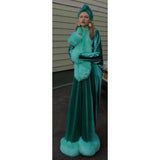 Old Hollywood robe-Jade Green Velvet Cocoon Robe-faux fur trim-Gatsby-Downton-art deco style robe