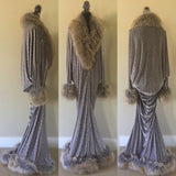 Grey devore velvet cocoon robe-faux fur trim-Old Hollywood-glamour-robe-gift for her-luxury robe-Downton-Gatsby-1920s