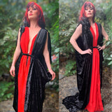 Black crushed Velvet Grecian Gown-red chiffon accents.Retro Halloween inspired-Bride of Dracula-Draped Grecian gown.