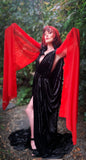 Black crushed Velvet Grecian Gown-red chiffon accents.Retro Halloween inspired-Bride of Dracula-Draped Grecian gown.