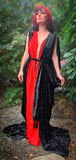 Black crushed Velvet Grecian Gown-red chiffon accents.Retro Halloween inspired-Bride of Dracula-Draped Grecian gown.