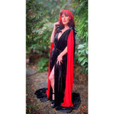 Black crushed Velvet Grecian Gown-red chiffon accents.Retro Halloween inspired-Bride of Dracula-Draped Grecian gown.