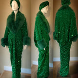 Emerald Green Velvet-sequin robe with luxe faux fur collar and cuffs,1920s retro style-Old Hollywood-Wicked-Wedding-Burlesque-Christmas