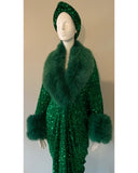Emerald Green Velvet-sequin robe with luxe faux fur collar and cuffs,1920s retro style-Old Hollywood-Wicked-Wedding-Burlesque-Christmas