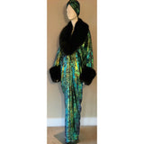 Velvet robe-faux fur,old Hollywood-1920s style-dramatic green metallic black velvet,handmade in USA-Burlesque-evening wear- Halloween