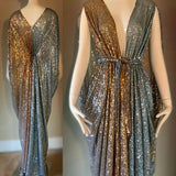 Grecian Goddess Gown-gold and silver ombre sequin mesh-red carpet gown-bridal-drag-burlesque gown