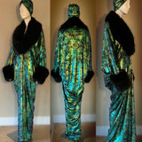 Velvet robe-faux fur,old Hollywood-1920s style-dramatic green metallic black velvet,handmade in USA-Burlesque-evening wear- Halloween