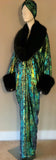 Velvet robe-faux fur,old Hollywood-1920s style-dramatic green metallic black velvet,handmade in USA-Burlesque-evening wear- Halloween