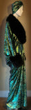Velvet robe-faux fur,old Hollywood-1920s style-dramatic green metallic black velvet,handmade in USA-Burlesque-evening wear- Halloween
