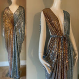 Grecian Goddess Gown-gold and silver ombre sequin mesh-red carpet gown-bridal-drag-burlesque gown