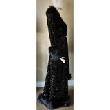 Handmade Glamour robe-Old Hollywood-black velvet sequin robe-faux fur trim